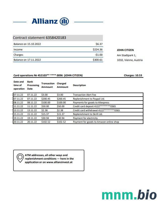 Szablon wyciągu bankowego Austria Addiko w formacie Word i PDF